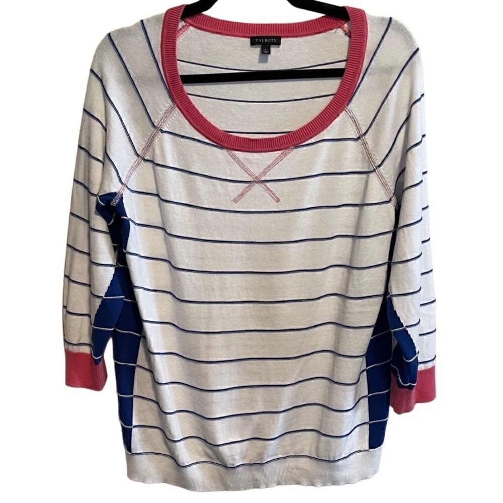 Talbots- Women’s Nautical Striped Boat Neck 3/4 Sleeve Preppy Sweater, Sz Large